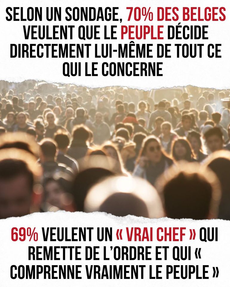 Selon un sondage, 70% des Belges veulent que le peuple décide directement lui-même de tout ce qui le concerne. 69% veulent un "vrai chef" qui remette de l'ordre et qui "comprenne vraiment le peuple".